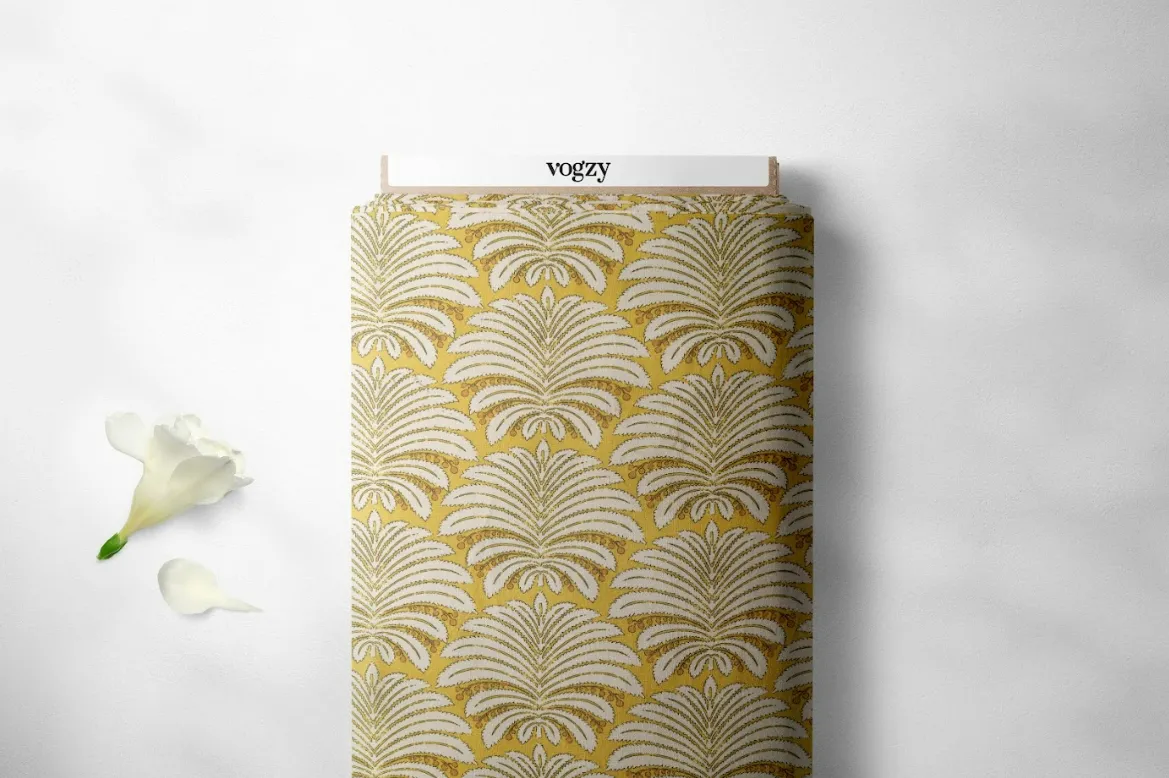 Pastel Yellow Color Leafy Pattern Printed Natural Muslin Silk Fabric