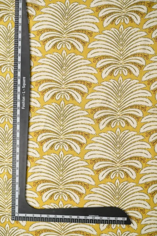 Pastel Yellow Color Leafy Pattern Printed Natural Muslin Silk Fabric