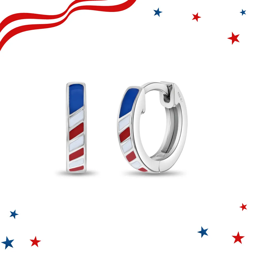 Patriotic Flag 9mm Toddler / Kids Earrings Hoop Enamel - Sterling Silver