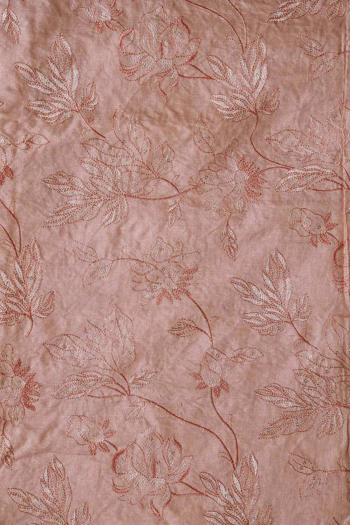 Peach Thread With Gold Sequins Leafy Embroidery On Peach Pure Bamboo Silk Fabric