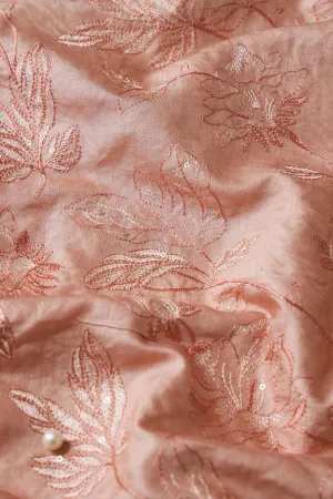 Peach Thread With Gold Sequins Leafy Embroidery On Peach Pure Bamboo Silk Fabric