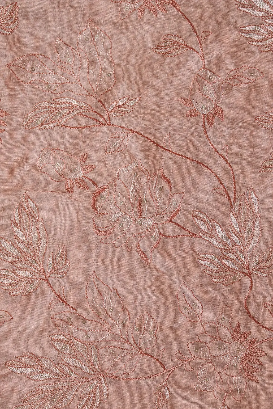 Peach Thread With Gold Sequins Leafy Embroidery On Peach Pure Bamboo Silk Fabric