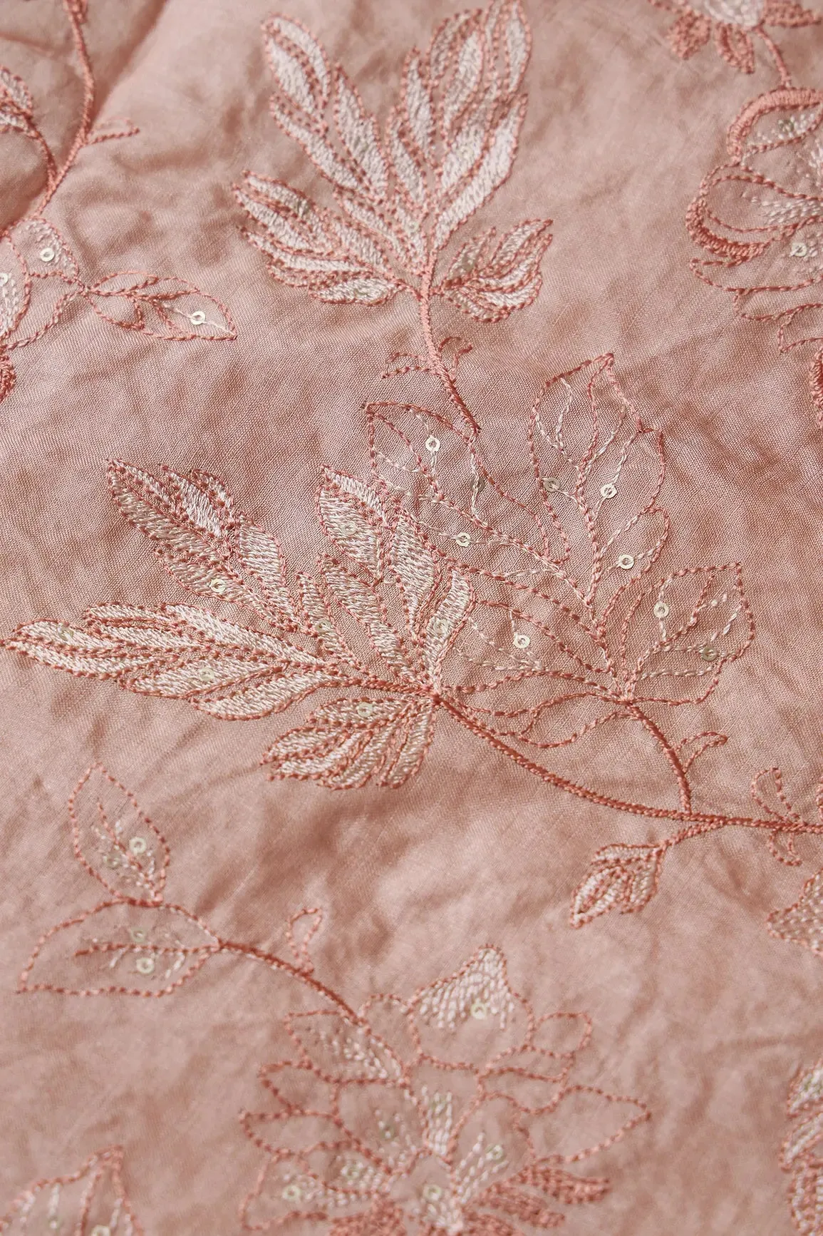 Peach Thread With Gold Sequins Leafy Embroidery On Peach Pure Bamboo Silk Fabric