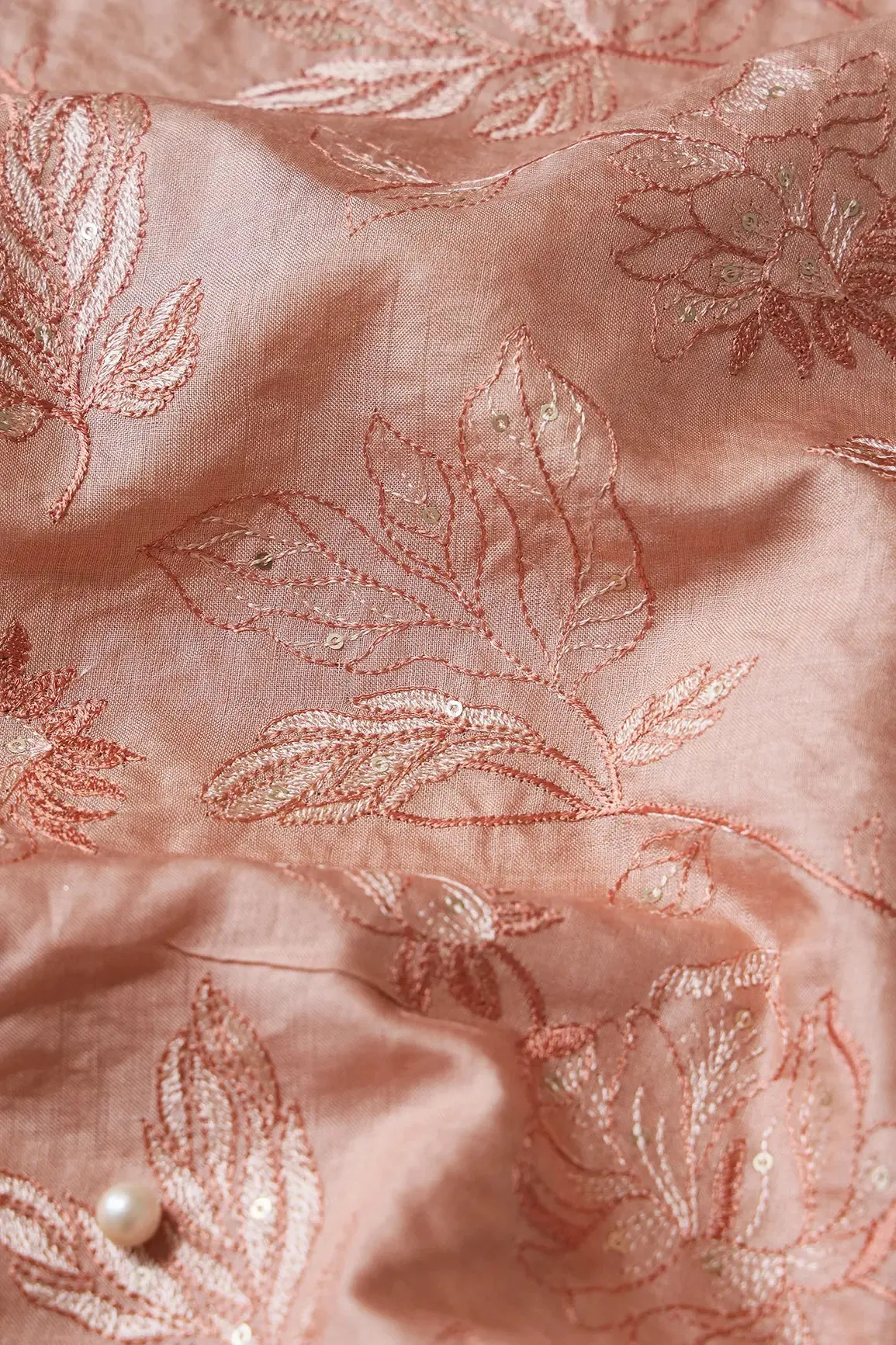 Peach Thread With Gold Sequins Leafy Embroidery On Peach Pure Bamboo Silk Fabric