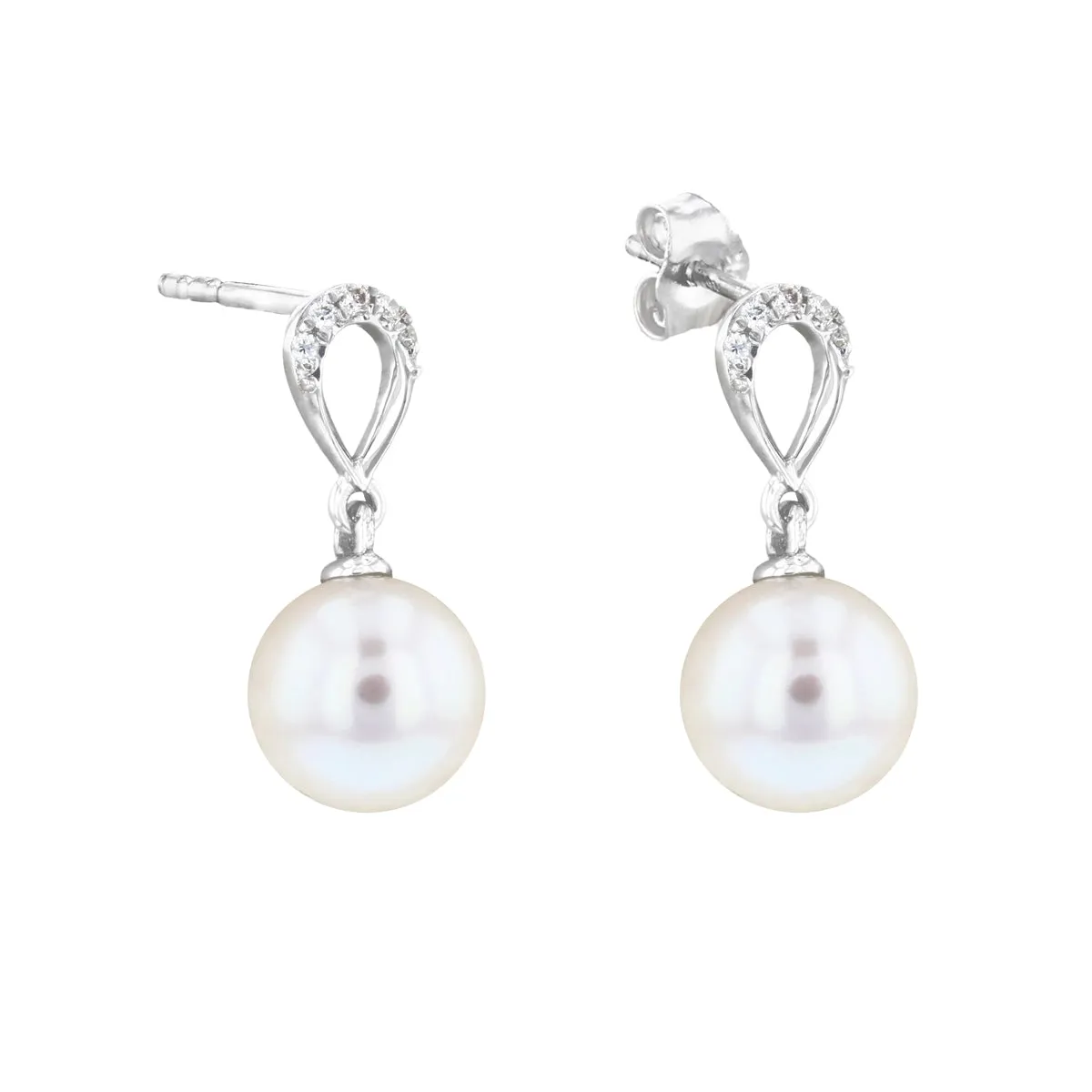 Pearl and Diamond Loop Drop Earrings | 9K White Gold