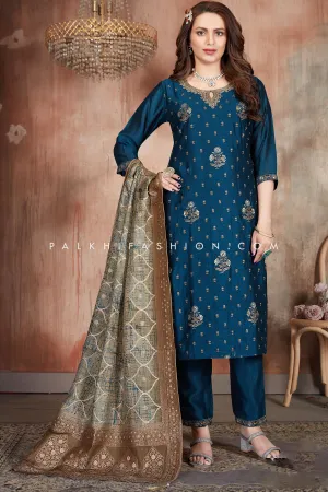 Petrol Blue Soft Silk Embroidered Suit with Elegant Dupatta