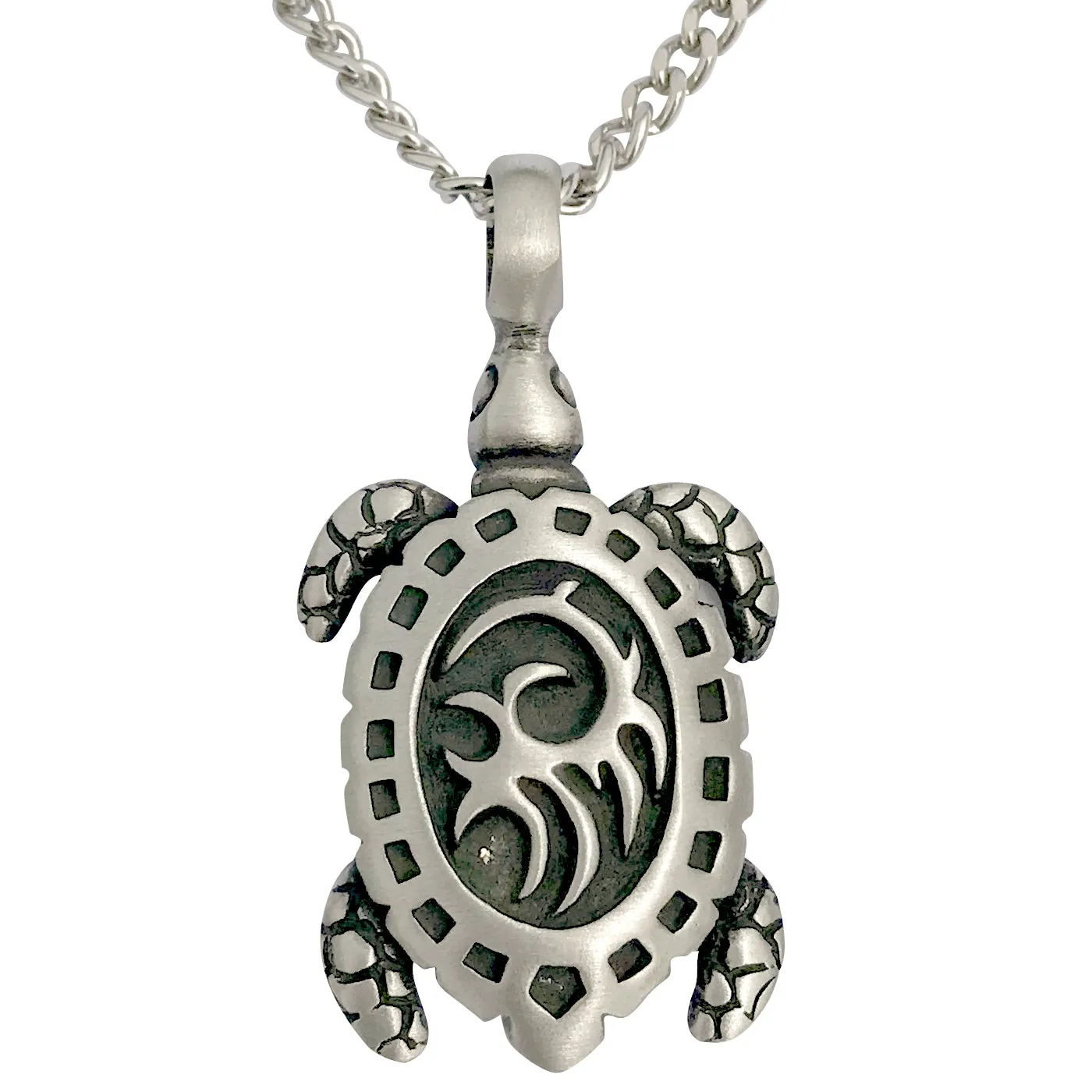 Pewter Sea Turtle Tribal Pendant with Extra Large Bail, on Men's Heavy Curb Chain Necklace, 24"