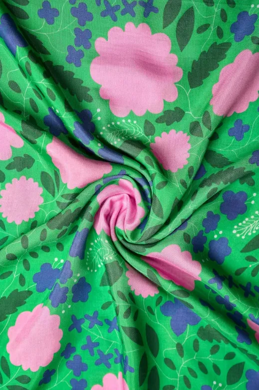 Pink Big Flower Pattern With Green Background Natural Muslin Silk Fabric