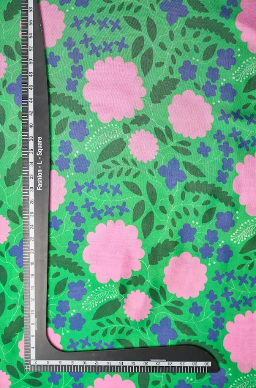 Pink Big Flower Pattern With Green Background Natural Muslin Silk Fabric