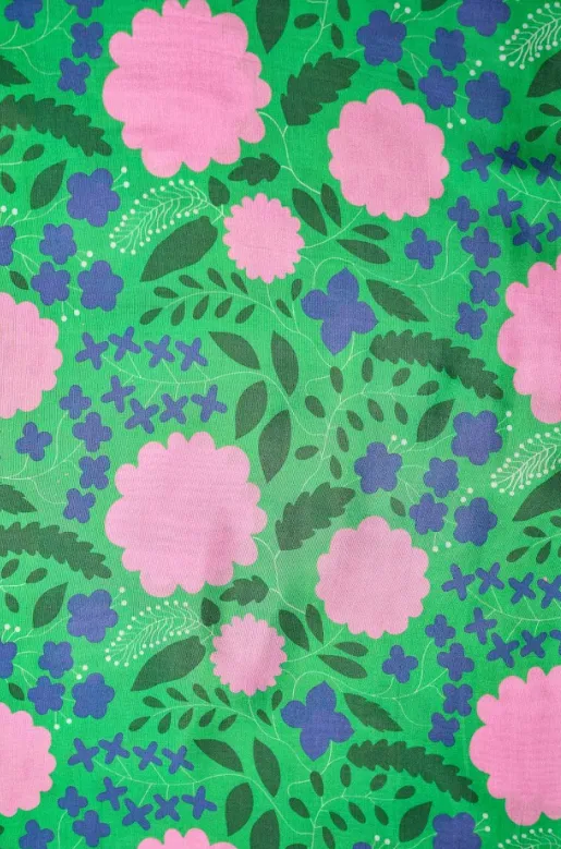 Pink Big Flower Pattern With Green Background Natural Muslin Silk Fabric