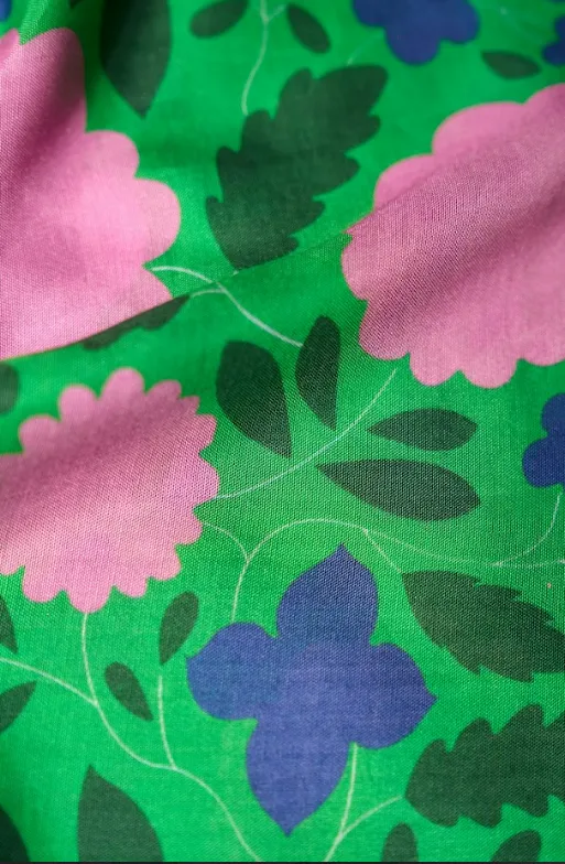 Pink Big Flower Pattern With Green Background Natural Muslin Silk Fabric