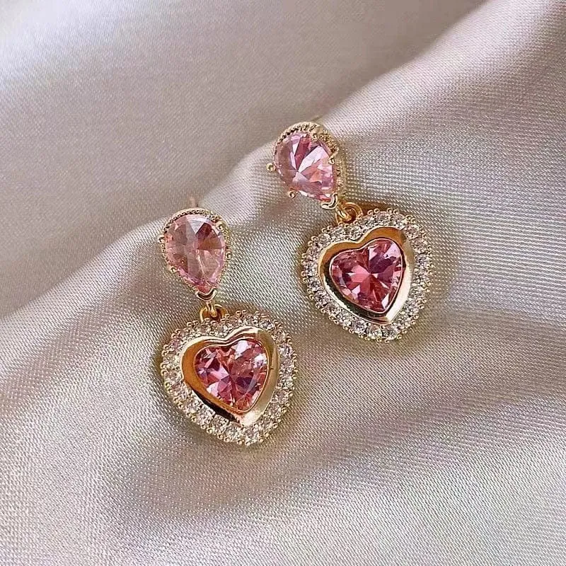 Pink Elegant Dangling Heart Earrings