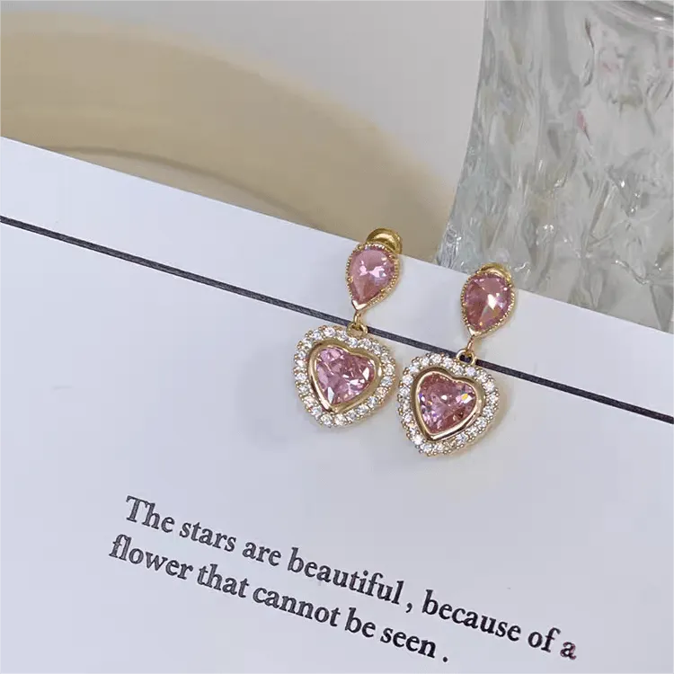 Pink Elegant Dangling Heart Earrings