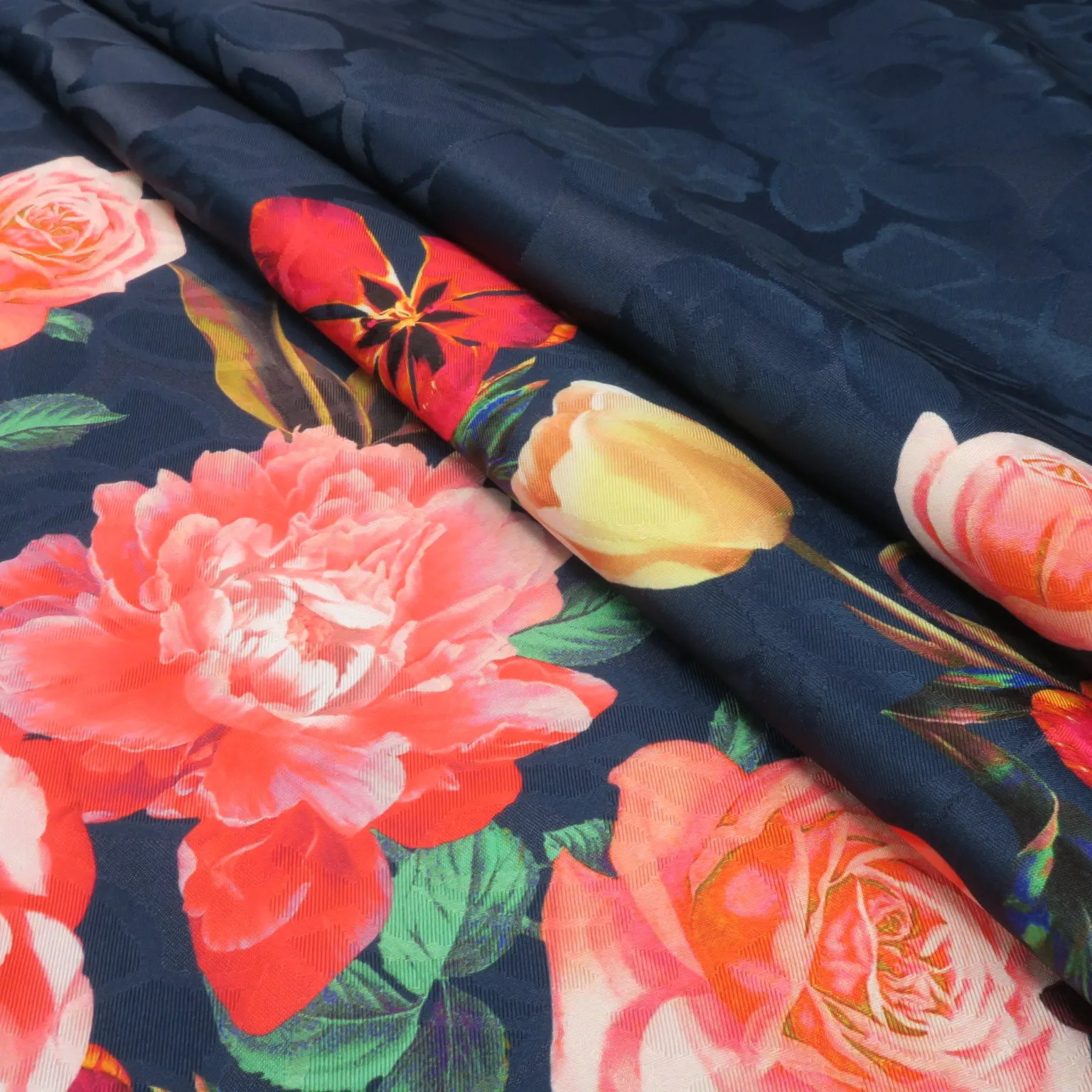 Pink Floral on Navy Printed Polyester Mikado Fabric