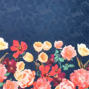 Pink Floral on Navy Printed Polyester Mikado Fabric