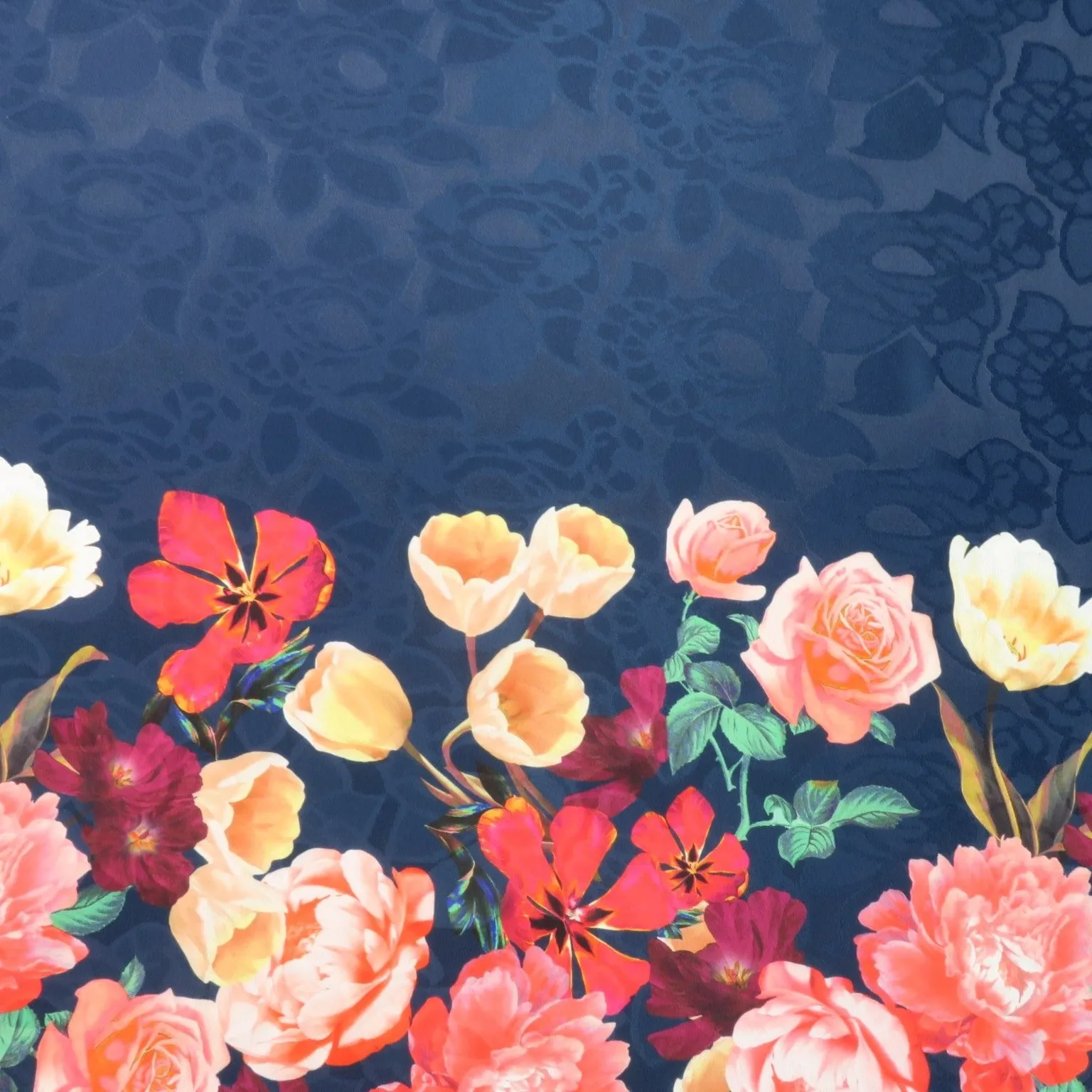 Pink Floral on Navy Printed Polyester Mikado Fabric