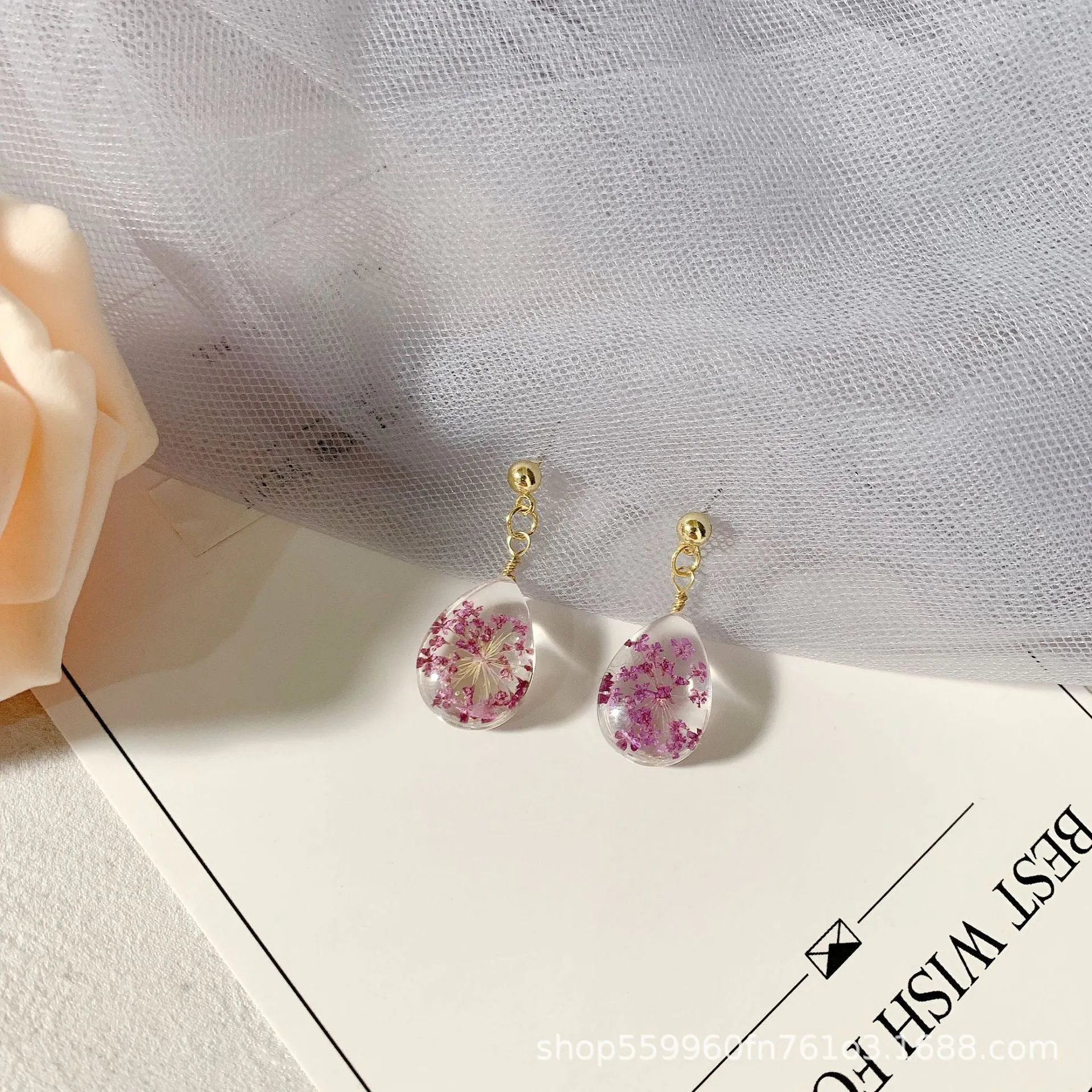 Pink Floral Teardrop Resin Earrings jlt11584