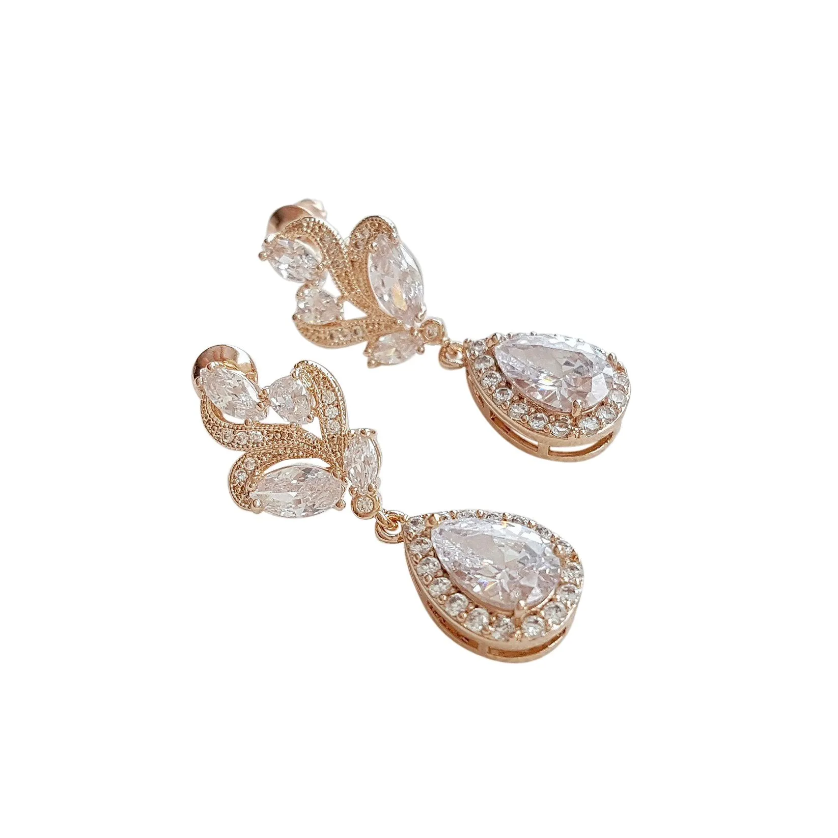 Pink Gold Bridal Earrings-Wavy