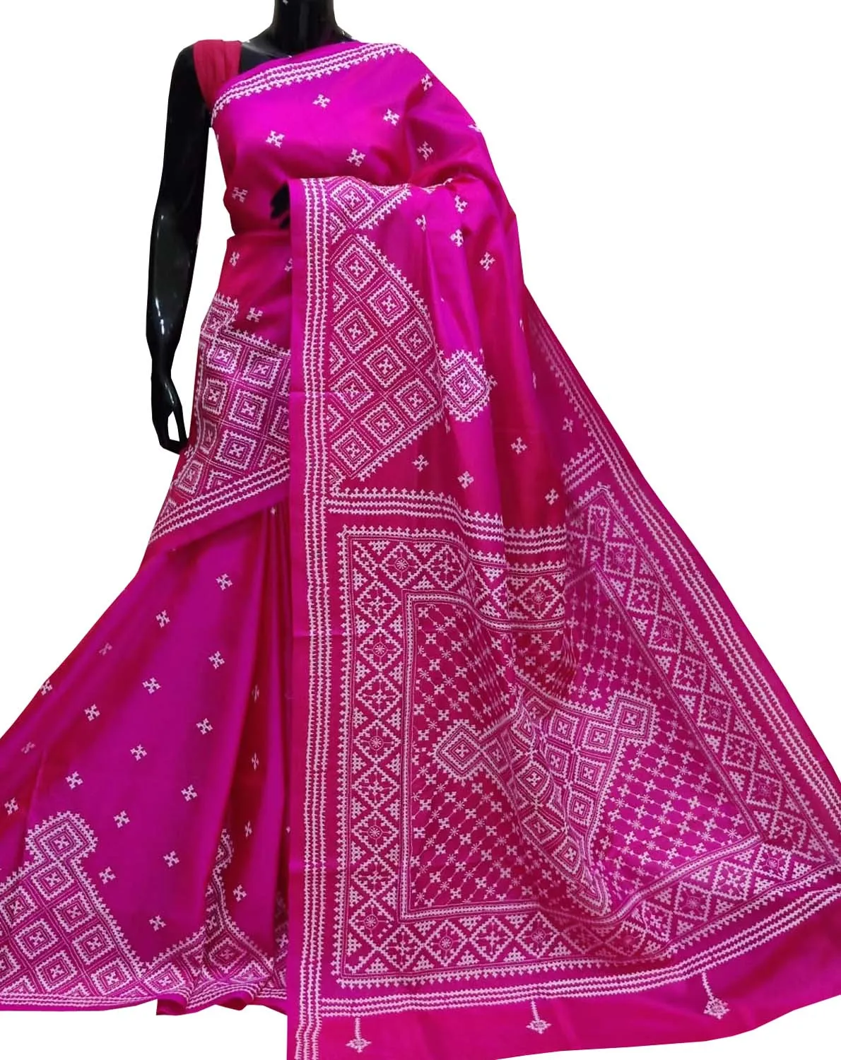 Pink Kantha Gujrati Stitch Hand Embroidered Pure Bangalore Silk Saree