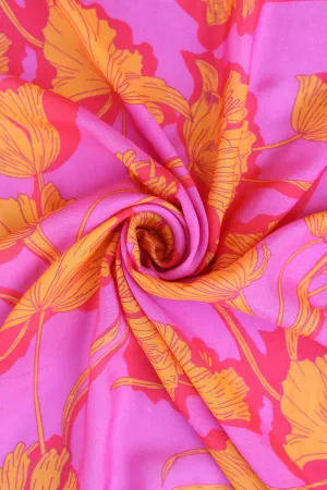 Pink Orange Floral Pattern Printed Natural Muslin Silk Fabric