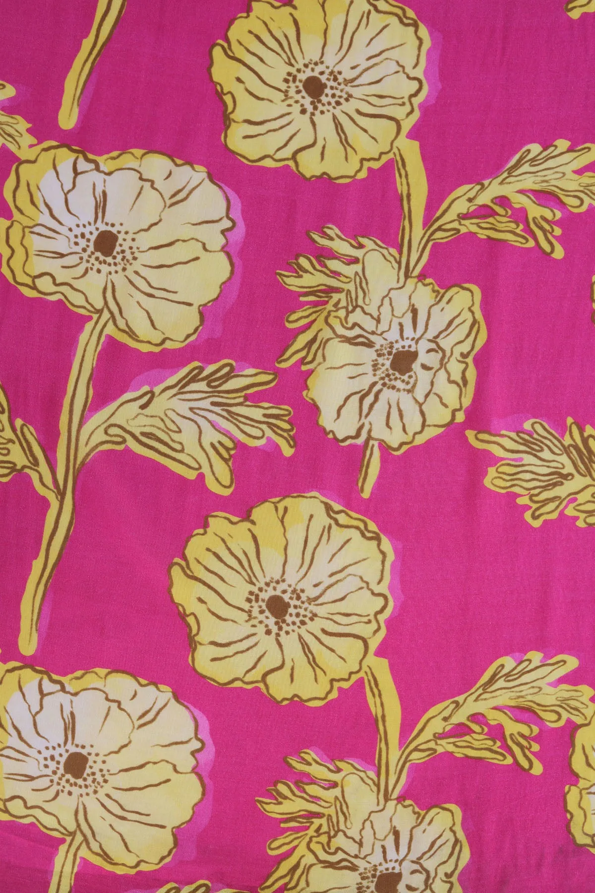 Pink Yellow Floral Pattern Printed Natural Muslin Silk Fabric