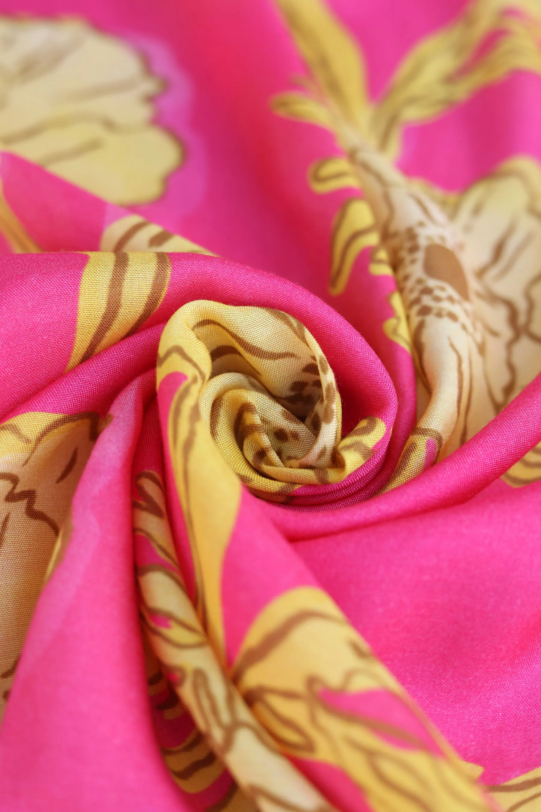 Pink Yellow Floral Pattern Printed Natural Muslin Silk Fabric