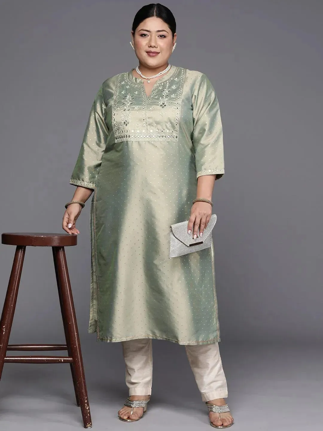 Plus Size Green Yoke Design Art Silk Straight Kurta