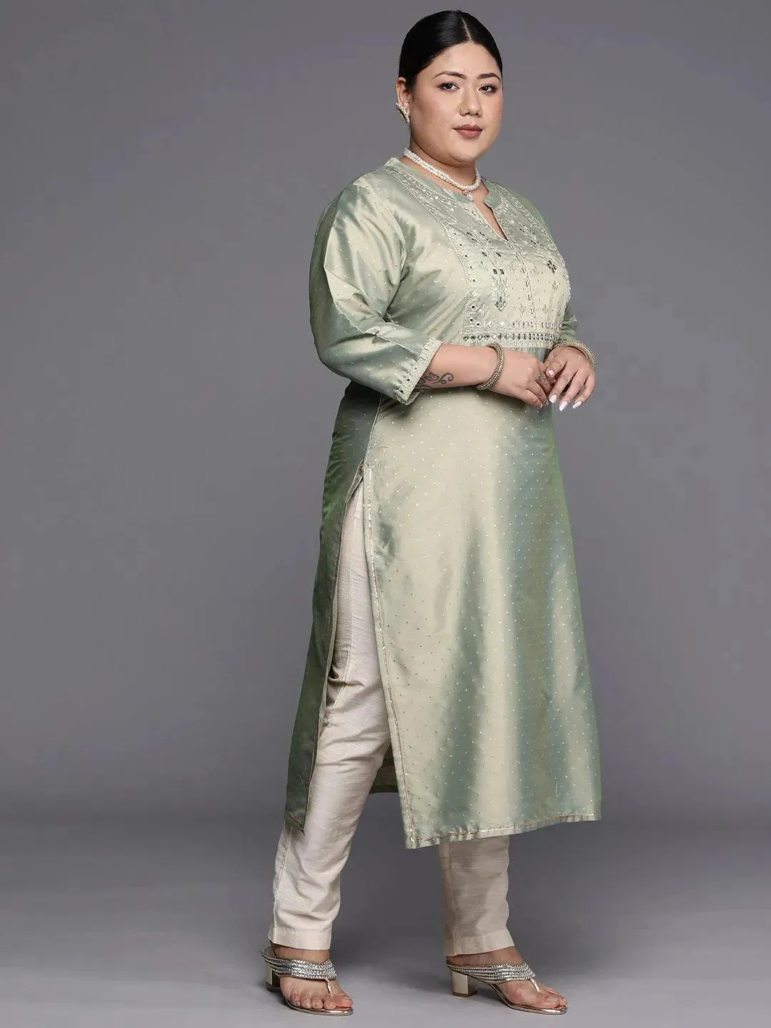 Plus Size Green Yoke Design Art Silk Straight Kurta