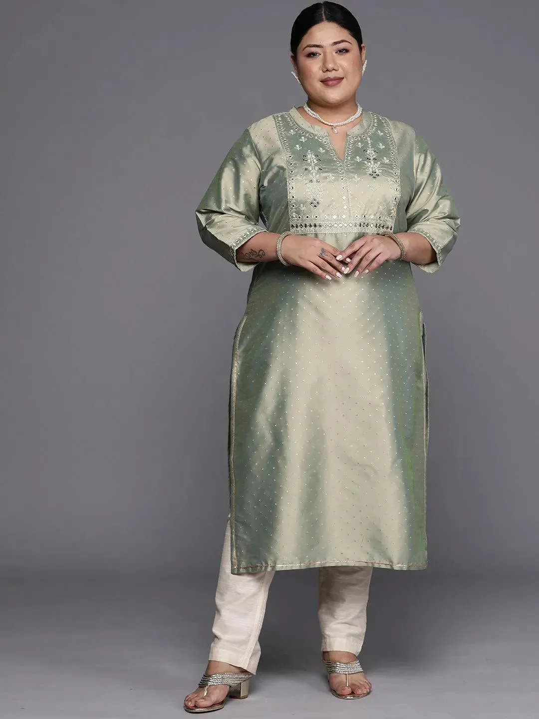 Plus Size Green Yoke Design Art Silk Straight Kurta