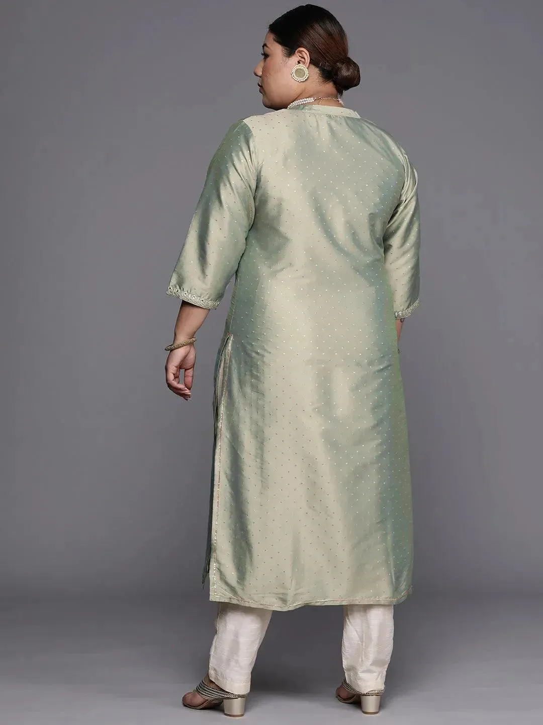 Plus Size Green Yoke Design Art Silk Straight Kurta