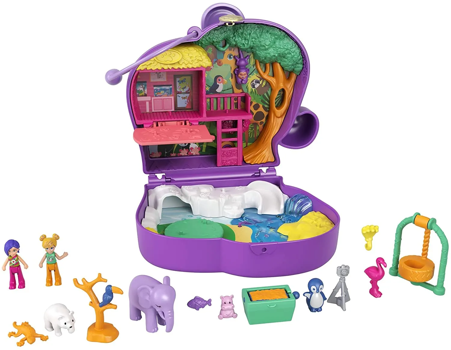 Polly Pocket Elephant Adventure Compact, Animal Theme with Micro Polly & Bella Dolls, 5 Reveals & 13 Related Accessories, Pop & Swap Feature