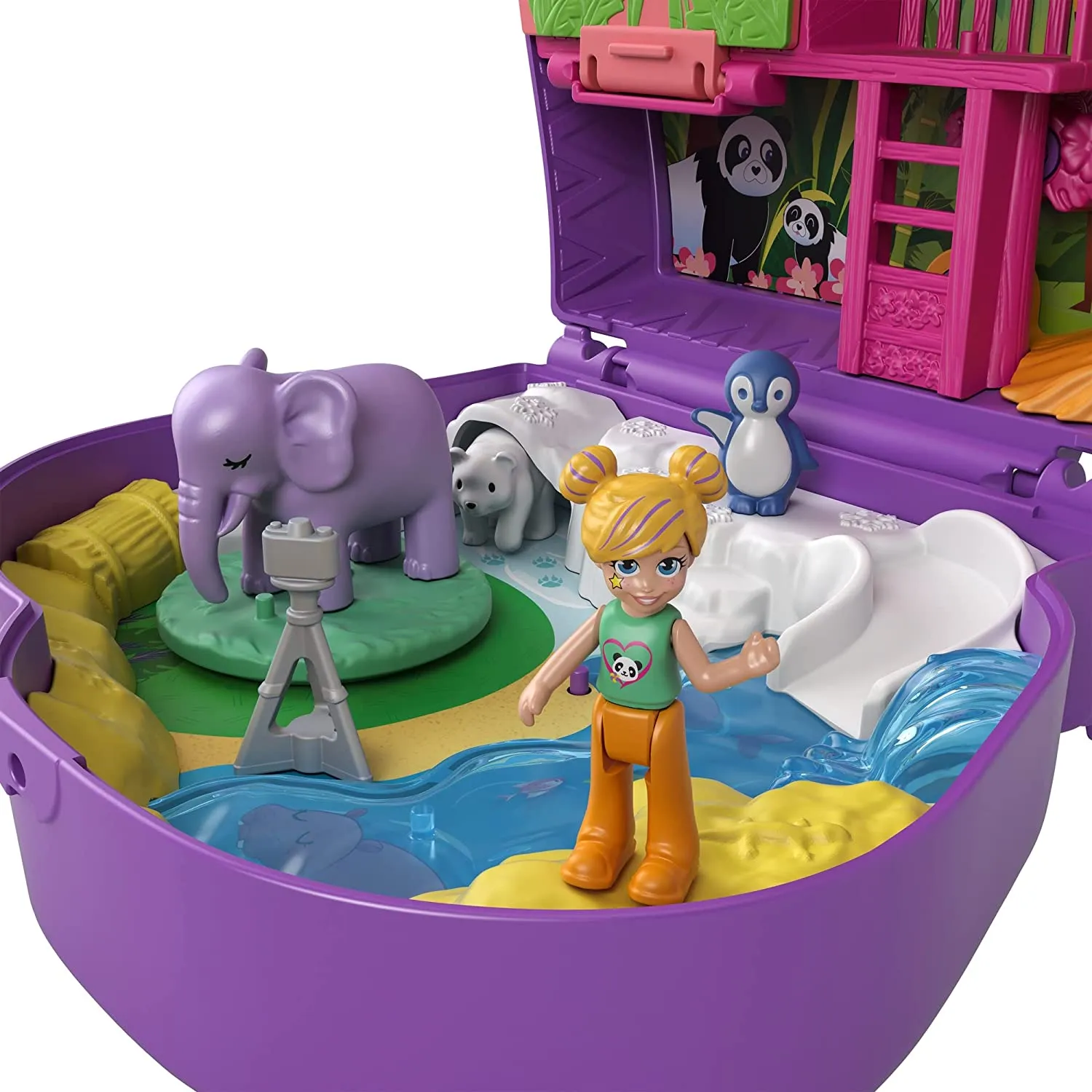 Polly Pocket Elephant Adventure Compact, Animal Theme with Micro Polly & Bella Dolls, 5 Reveals & 13 Related Accessories, Pop & Swap Feature