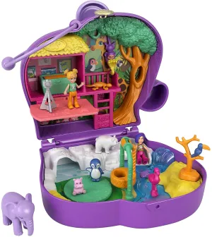 Polly Pocket Elephant Adventure Compact, Animal Theme with Micro Polly & Bella Dolls, 5 Reveals & 13 Related Accessories, Pop & Swap Feature