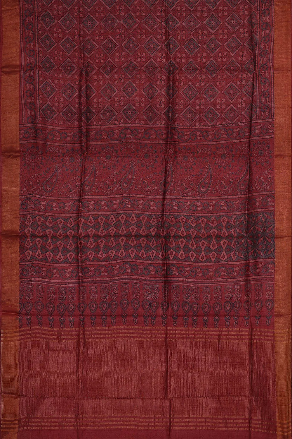 Printed Tussar Silk Brownish Red Saree