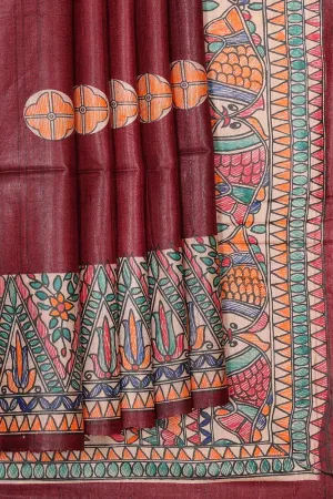 Printed Tussar Silk Maroon Saree