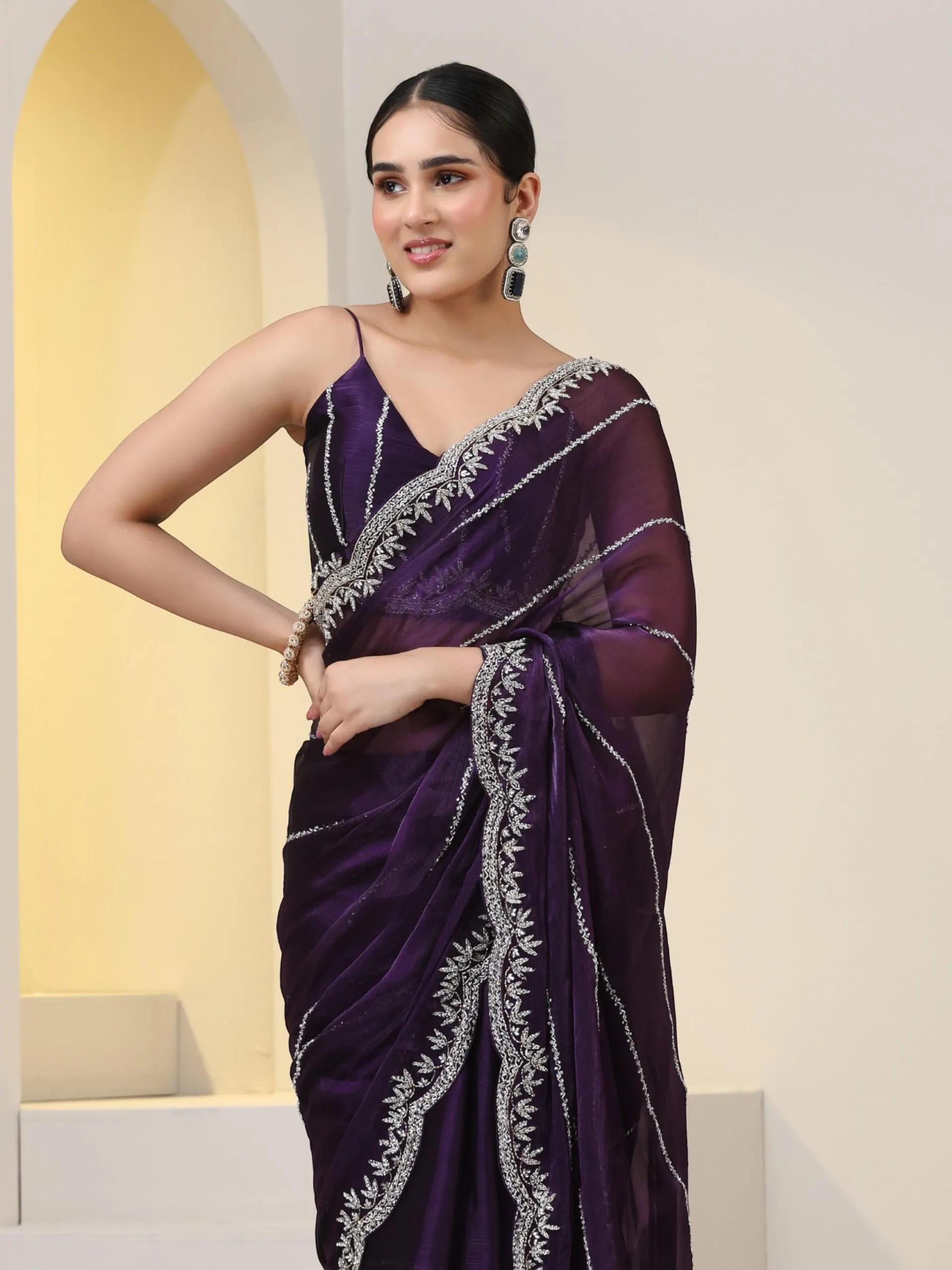 Prized Possession Purple Organza Chiffon Saree with Cut Dana Embroidery with Embroidered Blouse Fabric