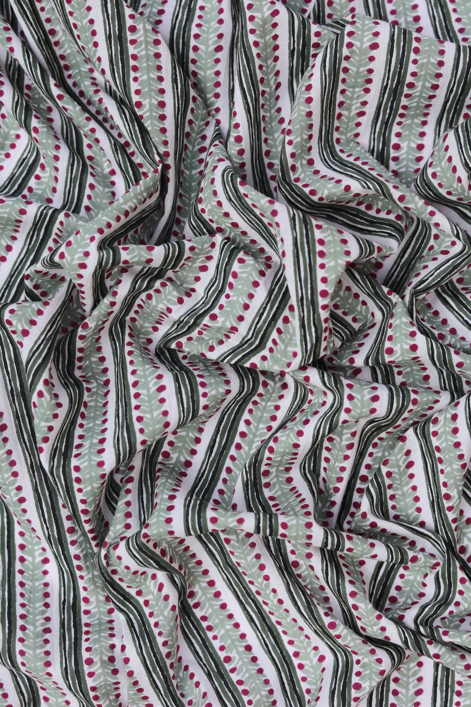 Pure Cotton Green Hand Block Stripe Pattern Printed Fabric