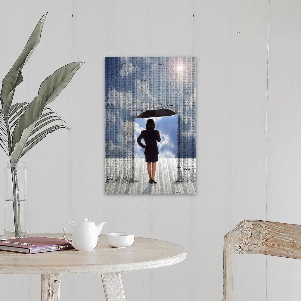 "Businesswoman with umbrella under stock market prices" Canvas Wall Art