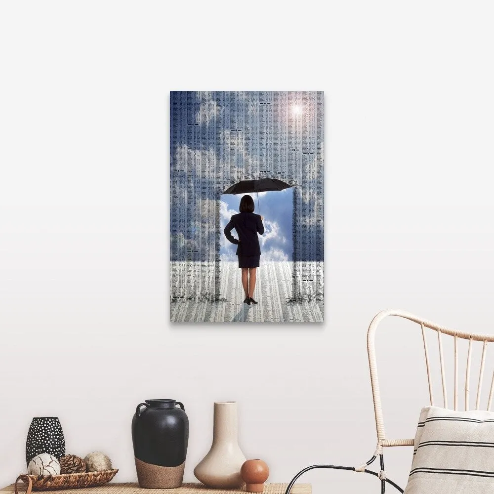 "Businesswoman with umbrella under stock market prices" Canvas Wall Art