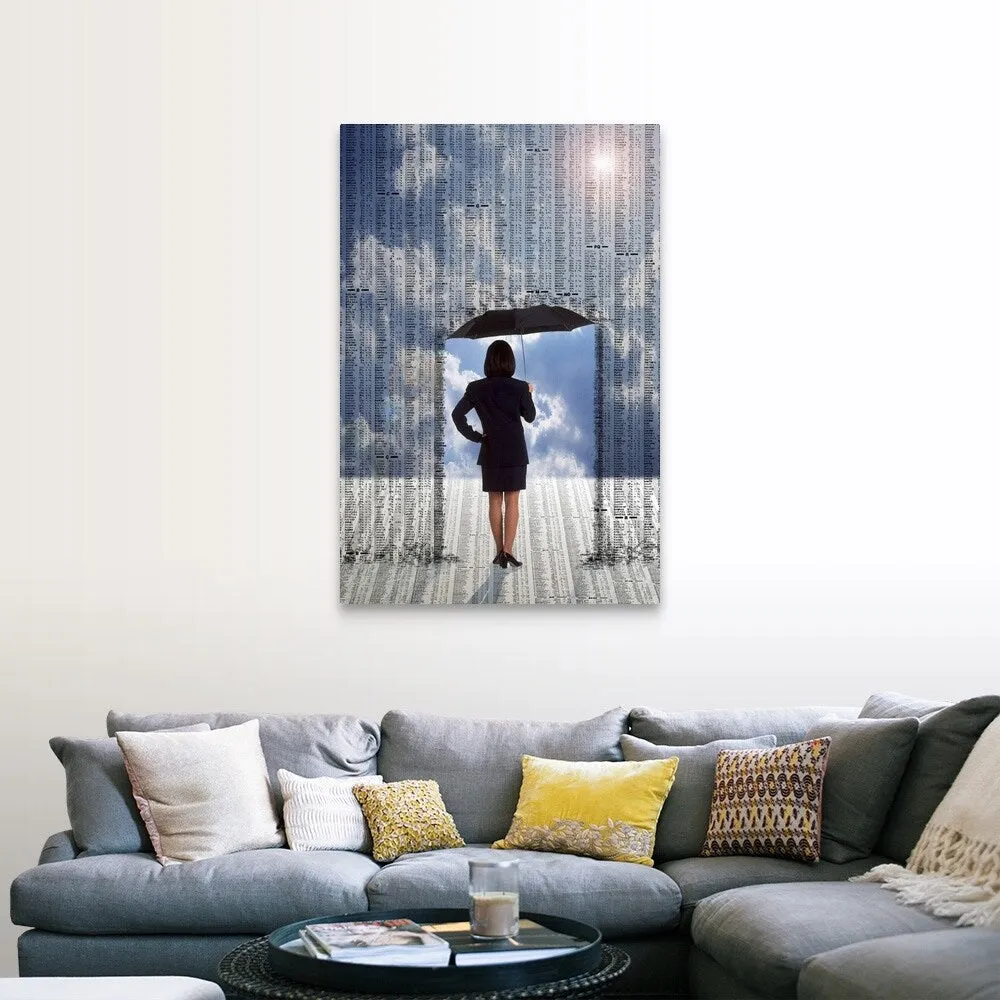 "Businesswoman with umbrella under stock market prices" Canvas Wall Art