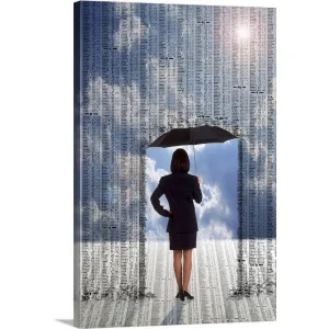 "Businesswoman with umbrella under stock market prices" Canvas Wall Art