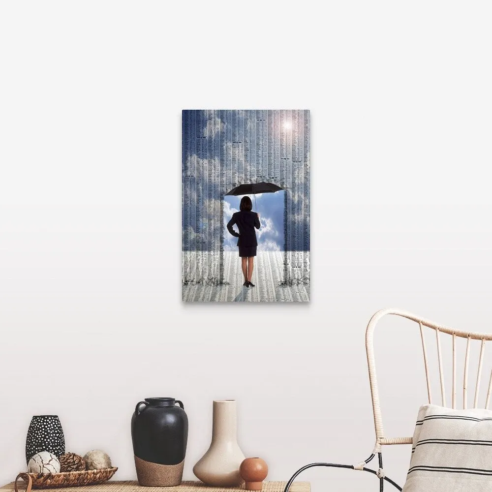 "Businesswoman with umbrella under stock market prices" Canvas Wall Art