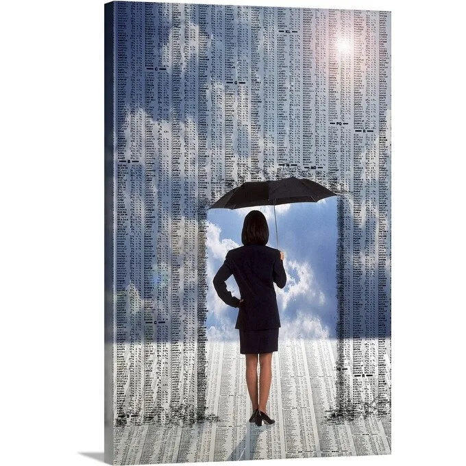 "Businesswoman with umbrella under stock market prices" Canvas Wall Art