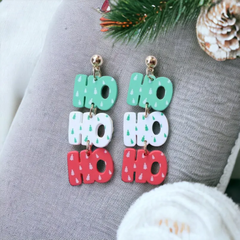 "Ho Ho Ho" Red, White, and Green Holiday Stud Drop Earrings