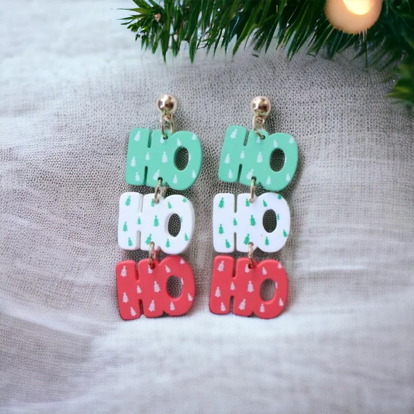 "Ho Ho Ho" Red, White, and Green Holiday Stud Drop Earrings