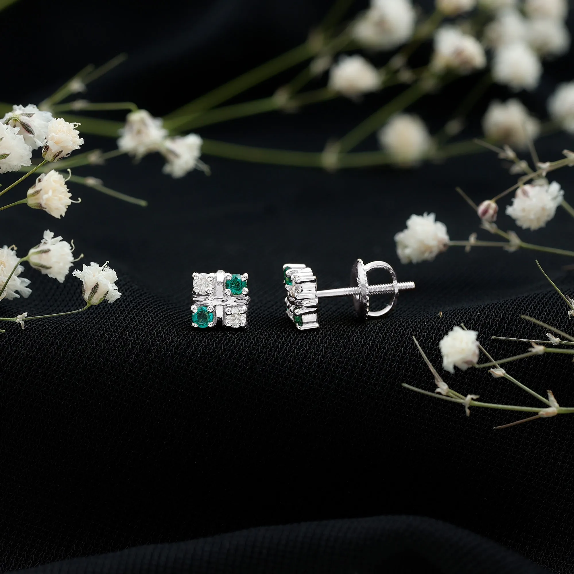 Real Emerald and Moissanite Stud Earrings