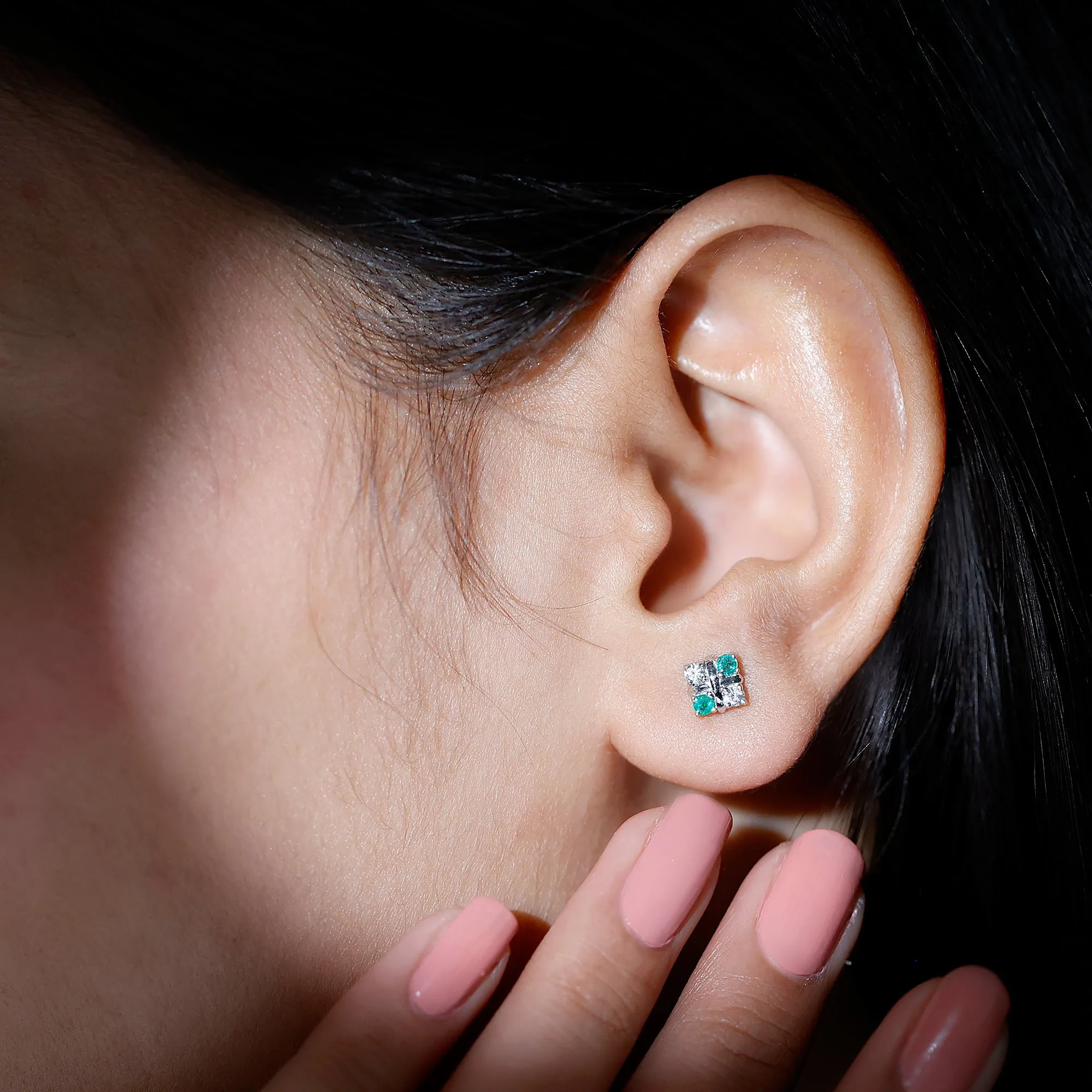 Real Emerald and Moissanite Stud Earrings