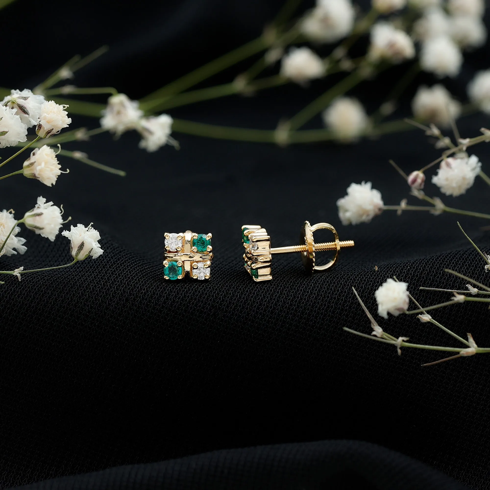 Real Emerald and Moissanite Stud Earrings