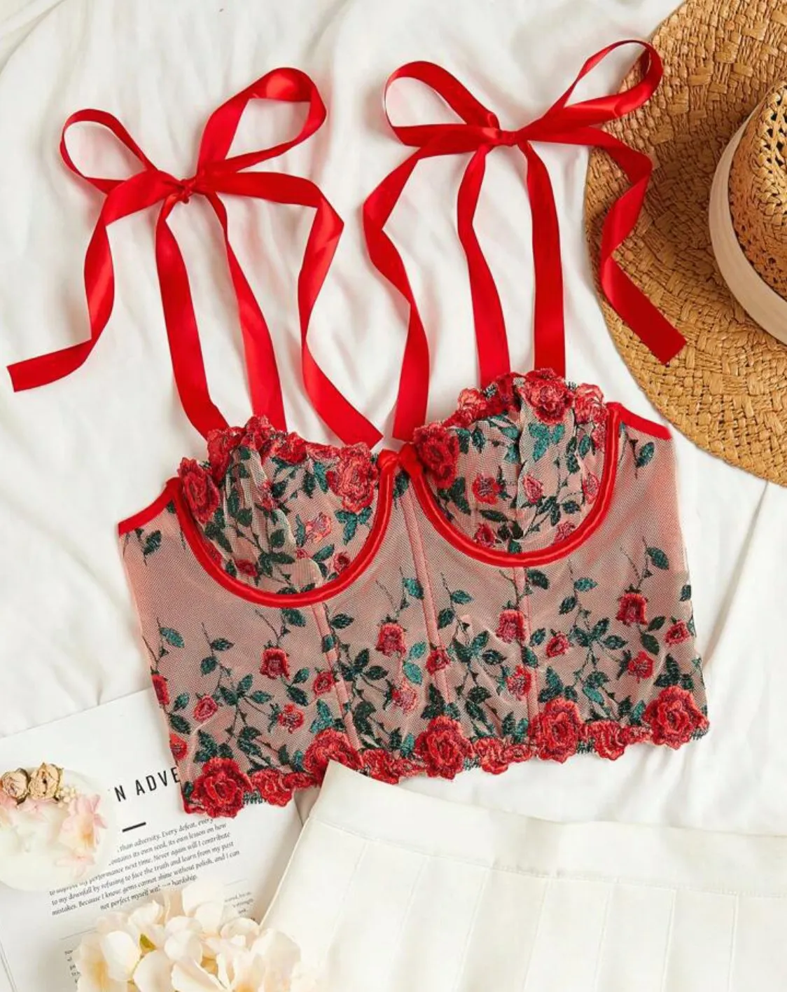 Red Bralette Corset Top Embroidered