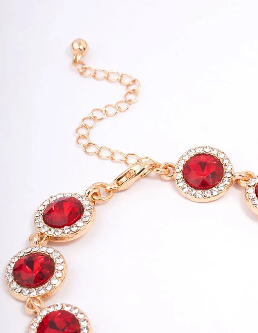 Red Round Multi Diamante Adjustable Bracelet